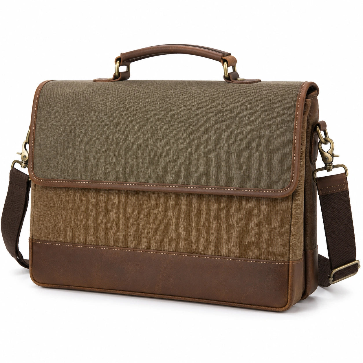 Aktentasche 40 x 10 x 30 cm aus Canvas in Khaki Braun mit Schultergurt im Vintage-Stil