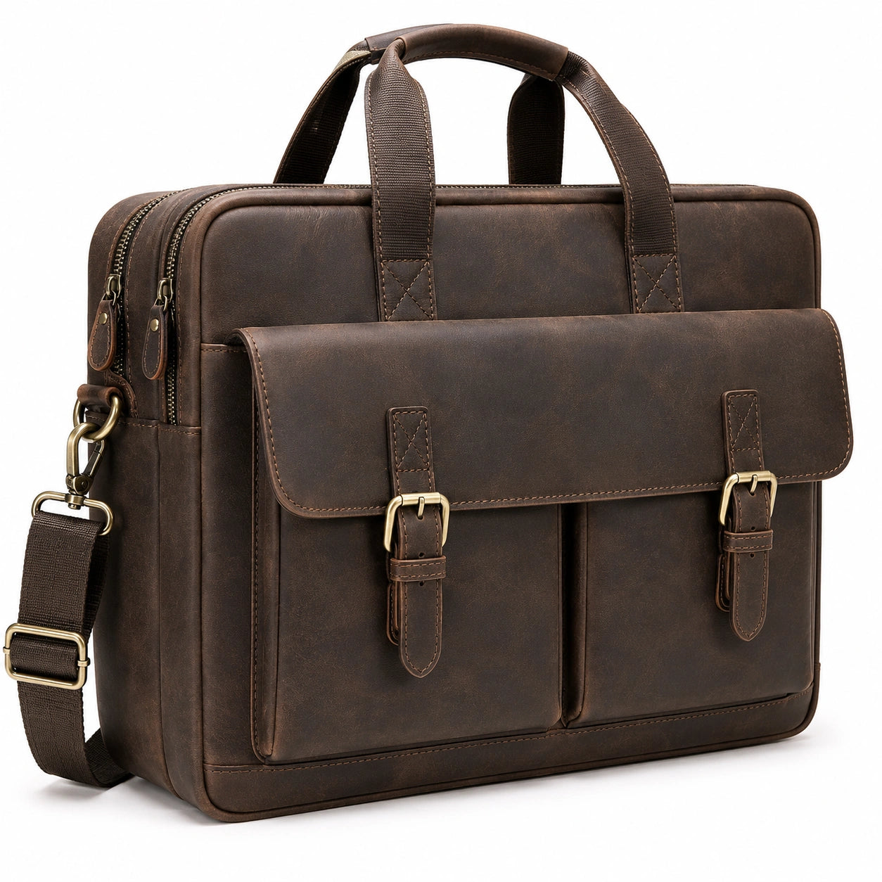 Aktentasche 40 cm aus braunem Leder im Vintage Stil mit Schultergurt