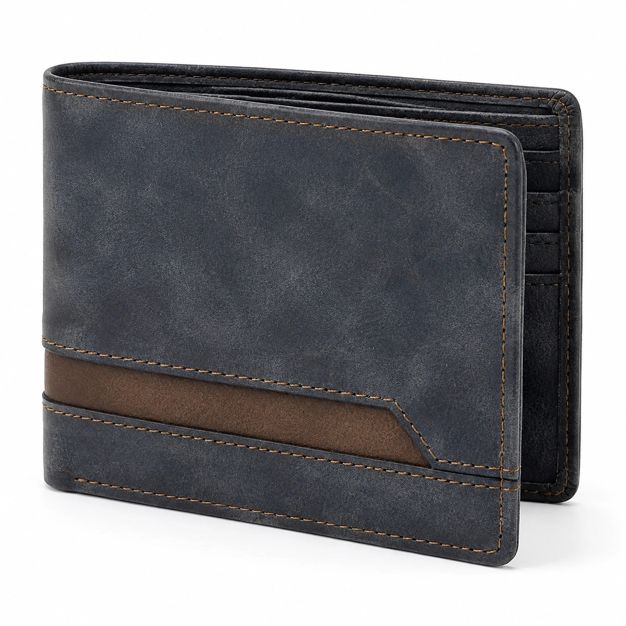 Herren Geldbörse 12 x 9.5 cm aus Leder in Dunkelblau Braun - zweifach faltbar