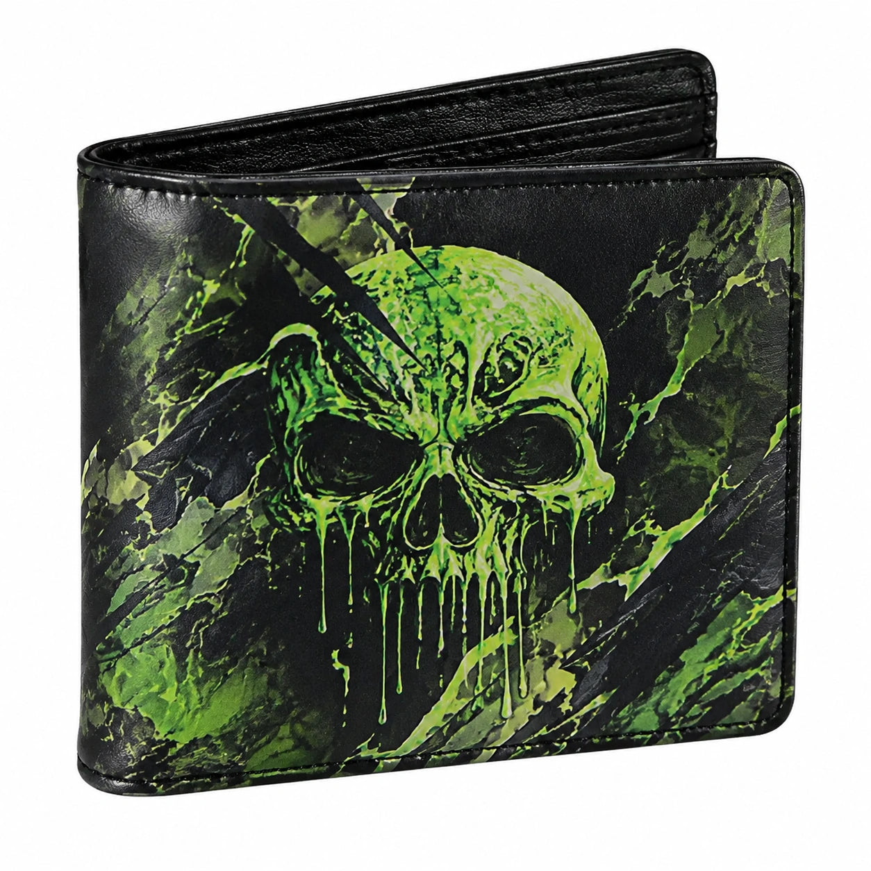 Geldbörse 12 x 9.5 x 2 cm aus Kunstleder in Schwarz Grün mit Totenkopfmotiv im Bifold-Stil
