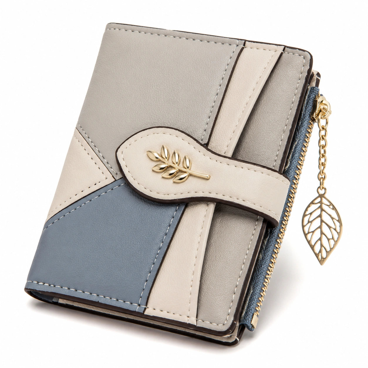 Damen Geldbörse 10 x 3 x 13 cm aus Kunstleder Blau Grau Beige mit Reißverschluss und Kartenfächern