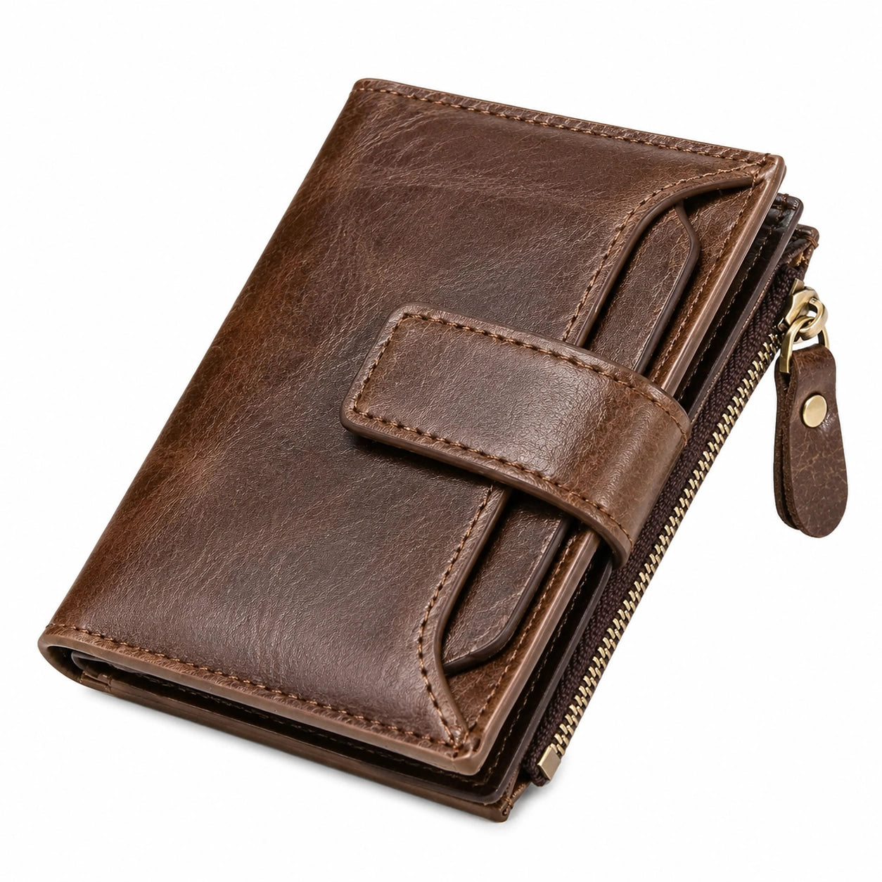 Geldbörse 12 x 9 x 3 cm aus Leder Braun mit Reißverschluss und Kartenfächern