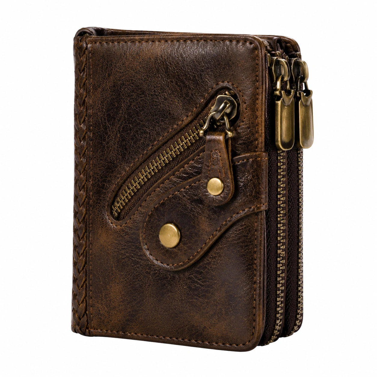Geldbörse 12 x 3 x 19 cm in Dunkelbraun aus Kunstleder mit Reißverschlüssen im Vintage-Stil