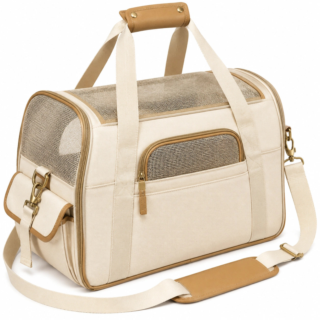 Haustiertransporttasche 45 x 25 x 30 cm aus Canvas Beige mit Meshfenstern für Katzen und kleine Hunde
