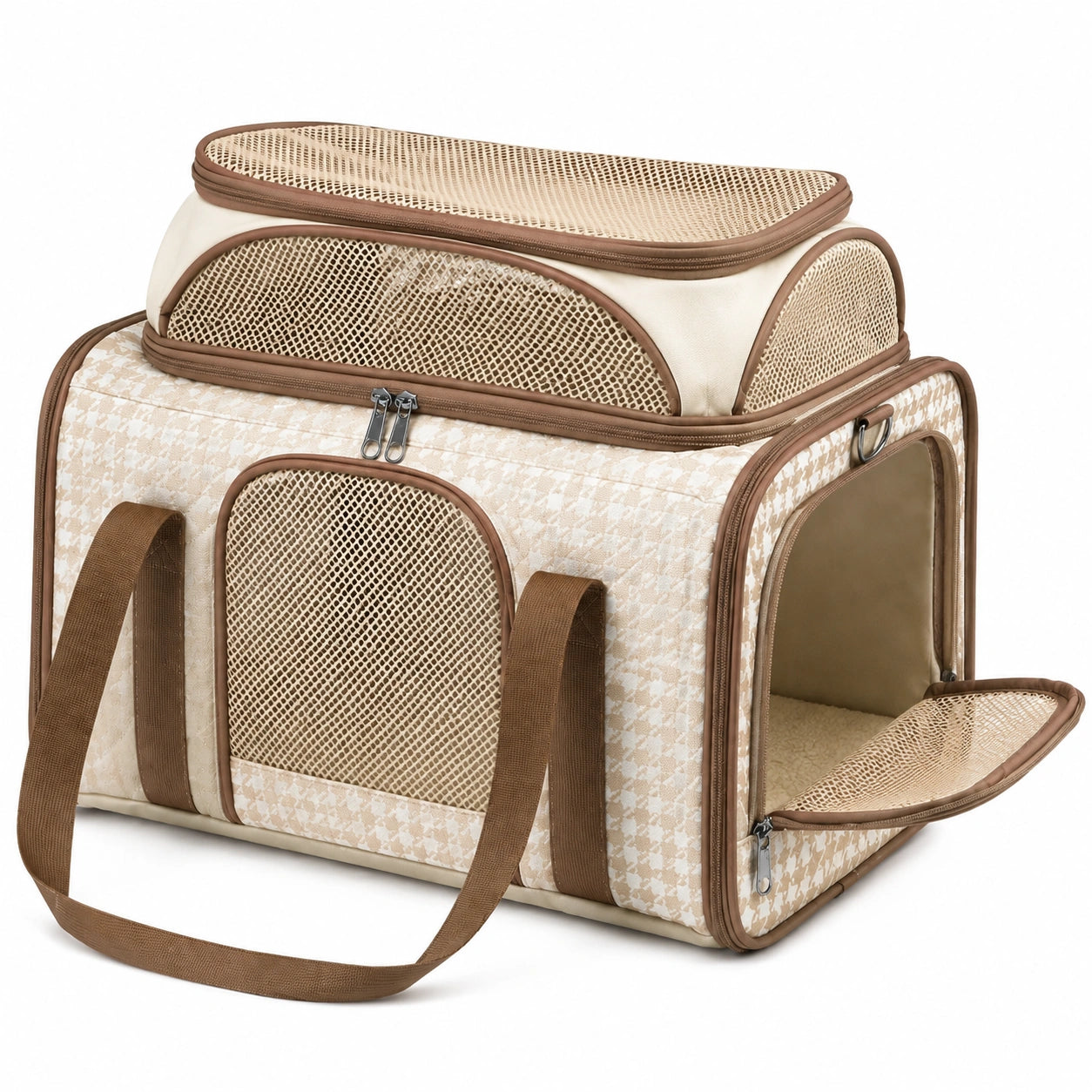 Haustier-Transporttasche 45 x 28 x 30 cm aus Polyester Beige Braun mit Netzfenstern und Schultergurt