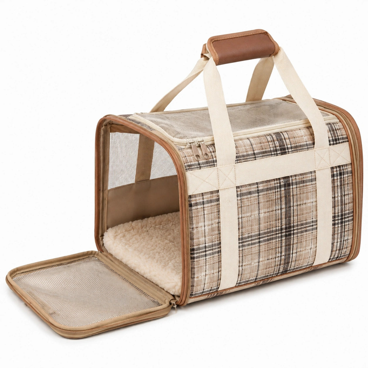 Haustier-Transporttasche 45 x 28 x 30 cm Textil Beige-Braun kariert mit Netzfenstern