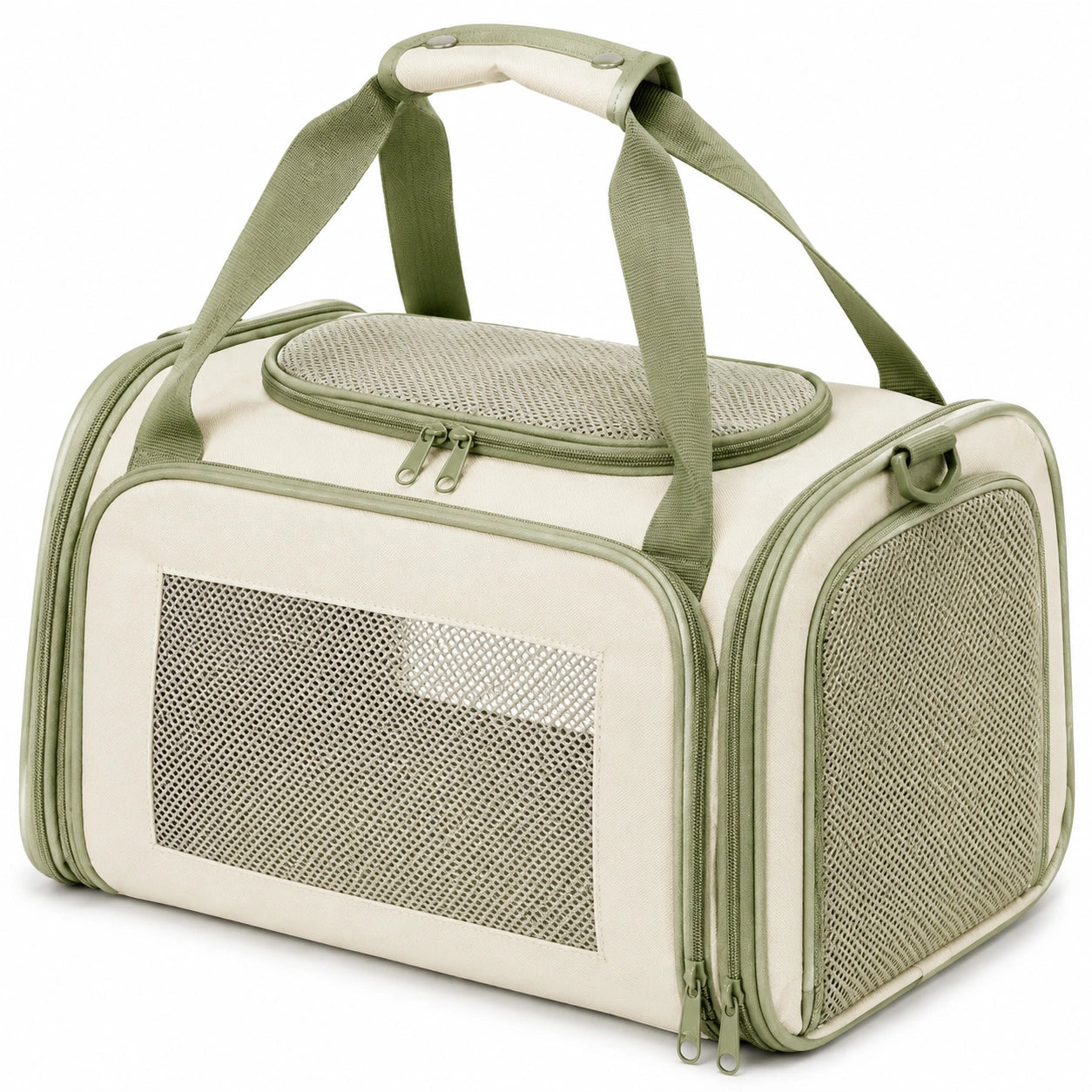 Haustier-Transporttasche 45 x 30 x 30 cm Textil Beige Grün mit Netzfenstern faltbar