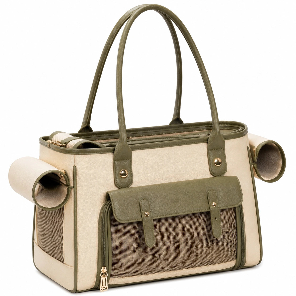 Transporttasche für Haustiere 45 x 25 x 30 cm aus Canvas in Beige Grün mit Netzfenstern