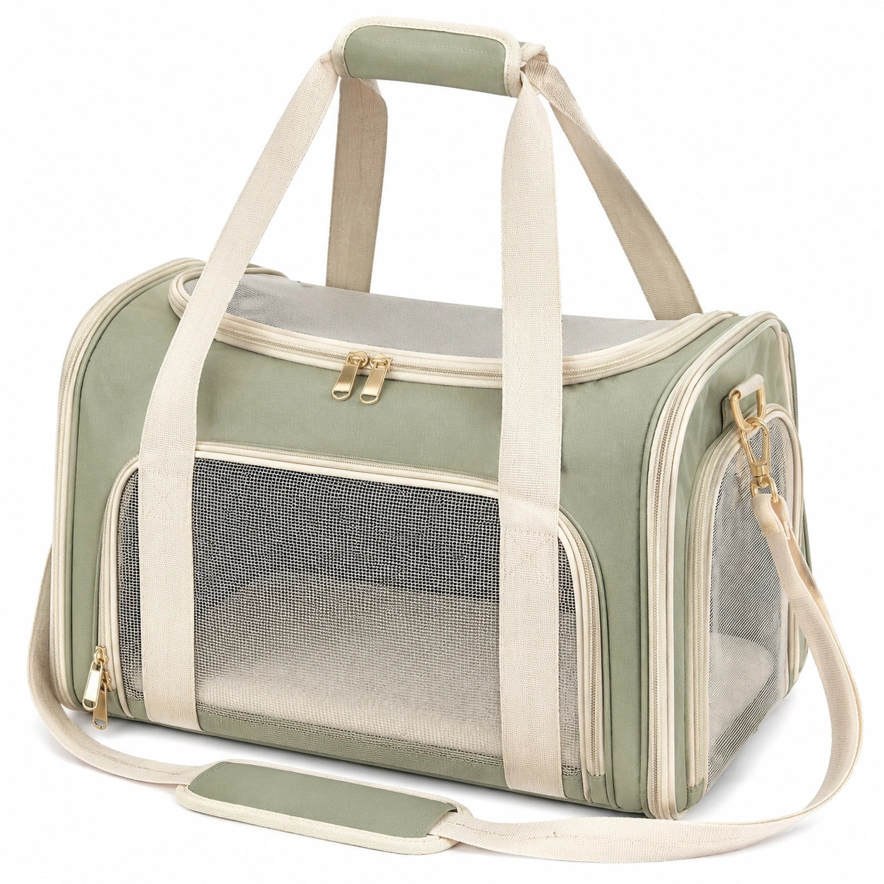 Haustier-Transporttasche 45 x 28 x 30 cm Textil Salbeigrün mit Netzfenstern und Schultergurt