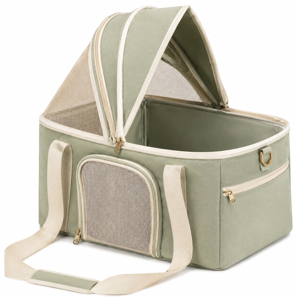 Haustier Transporttasche 45 x 28 x 30 cm aus Textil in Salbeigrün mit Netzfenstern und Schultergurt