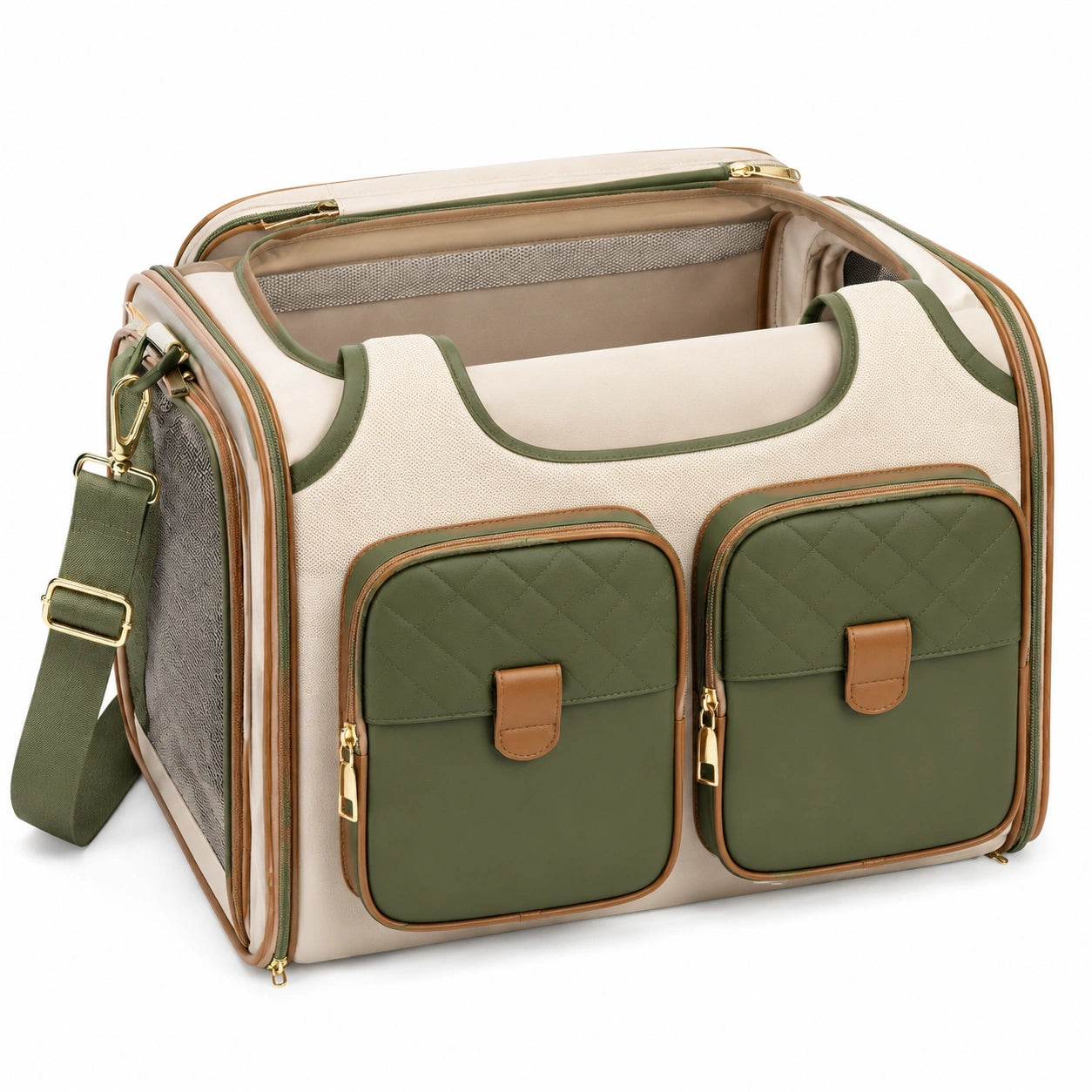 Haustier Transporttasche 45 x 28 x 30 cm aus Textil in Creme Olivgrün mit Schultergurt und Reißverschluss