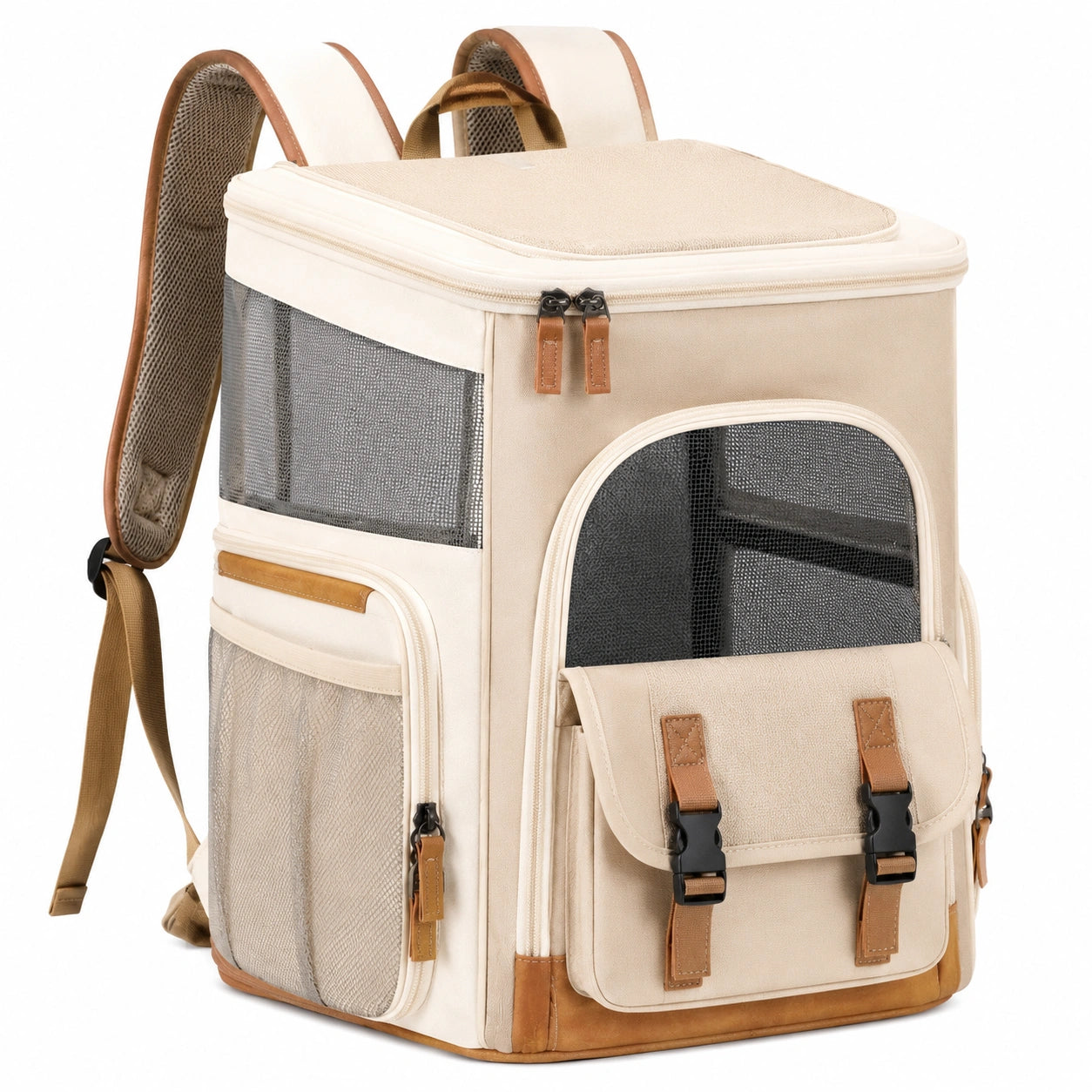 Haustier-Transportrucksack 42 x 30 x 43 cm Textil Beige mit Netzeinsätzen