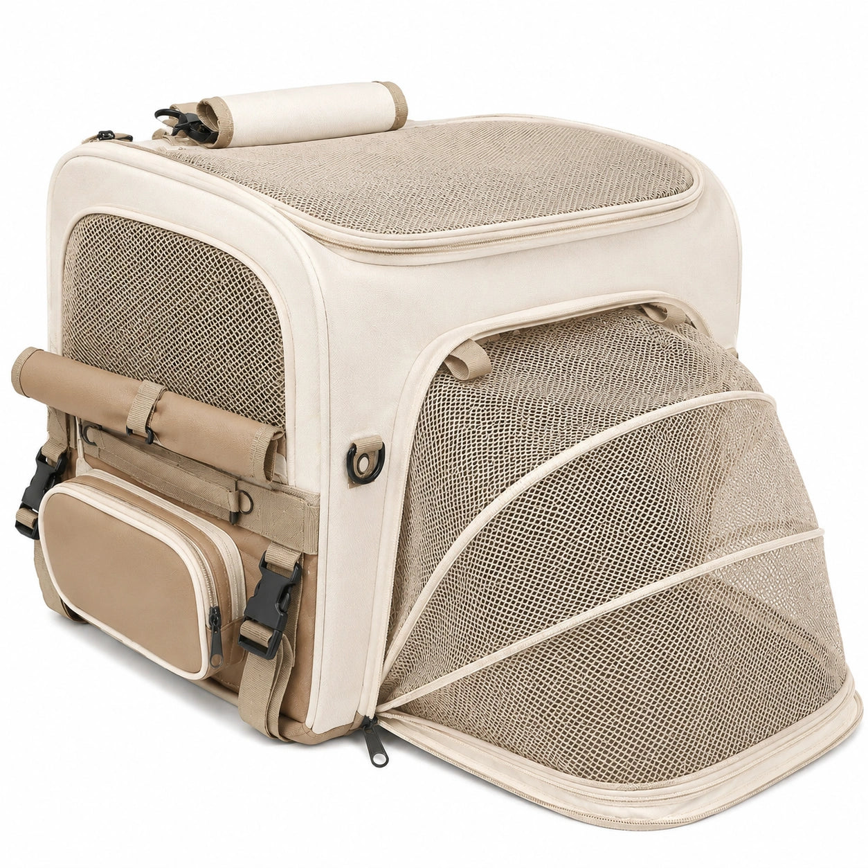 Haustierrucksack 42 x 30 x 42 cm aus Polyester in Beige mit Netzfenstern und Erweiterung