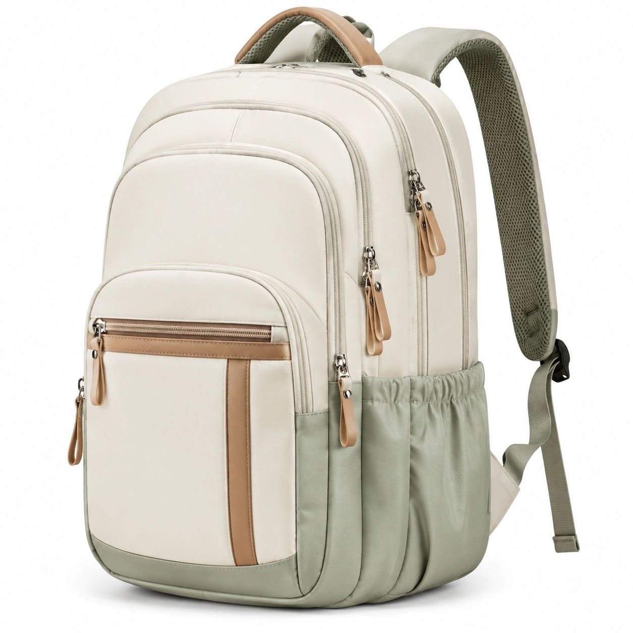 Rucksack 30 x 18 x 42 cm aus Kunstfaser Cremegrün mit Mehrfachfächern für Alltag