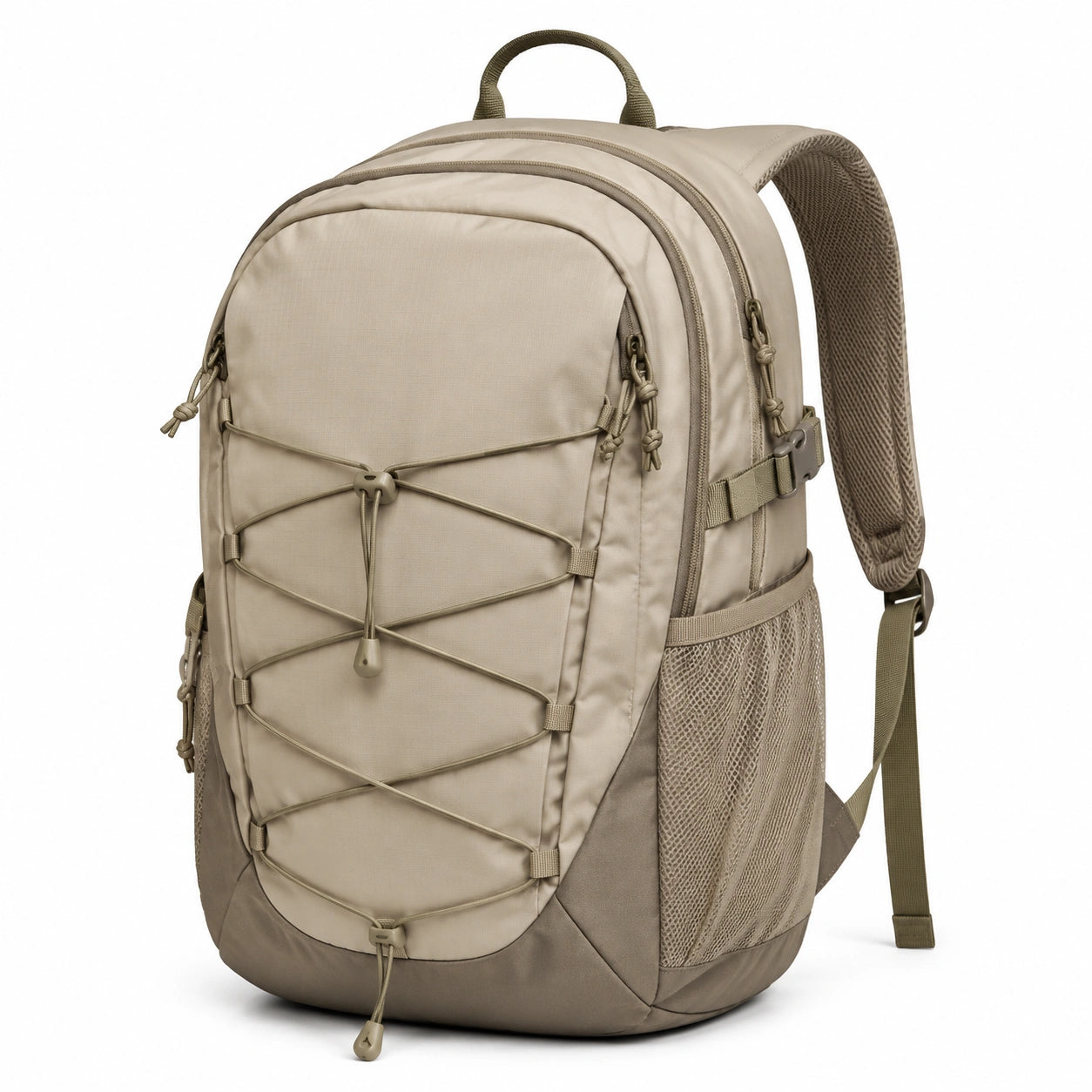 Rucksack 48 x 30 x 18 cm aus Textilgewebe in Beige mit Reißverschlüssen und Frontkordel für Alltag und Reisen