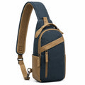 Sling-Rucksack 18 cm x 8 cm x 32 cm aus Textil und Kunstleder in Dunkelblau/Braun mit verstellbarem Schultergurt