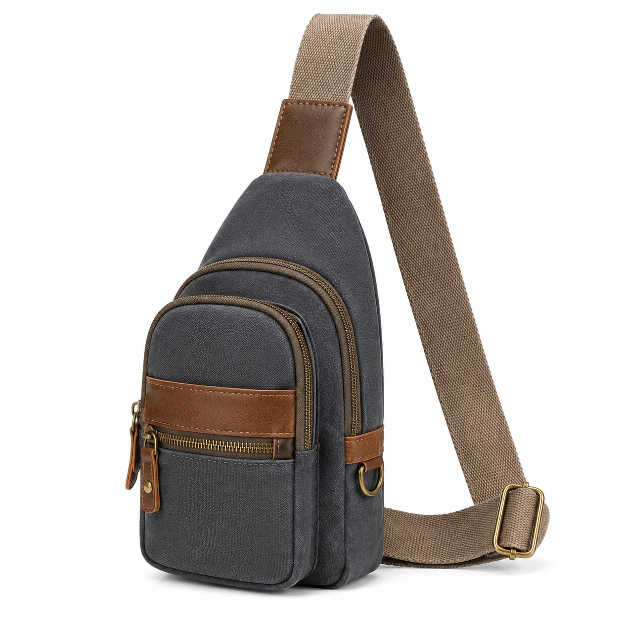 Umhängetasche 17 x 8 x 30 cm aus Textilgewebe in Dunkelgrau mit Kunstlederbesatz - kompakte Brusttasche