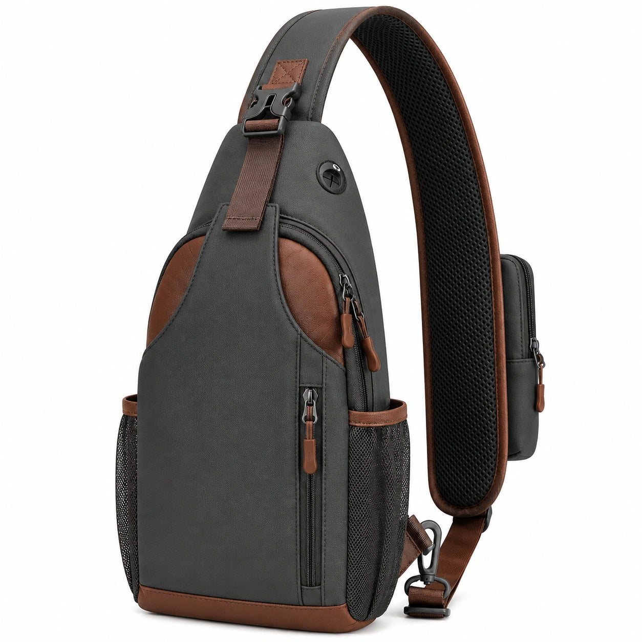 Brusttasche 18 x 8 x 32 cm aus Kunstleder Schwarz/Braun mit Reißverschluss und verstellbarem Schultergurt